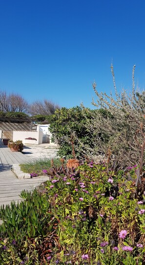 En have med forskellige planter og blomster, en træterrasse og en hvid bygning med tegltag.