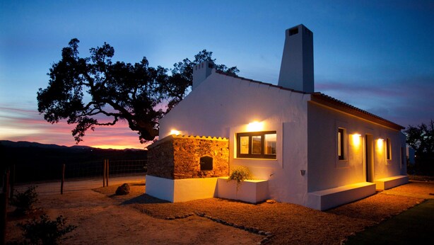 Une petite maison blanche avec un mur de pierre, une cheminée et un grand arbre devant.