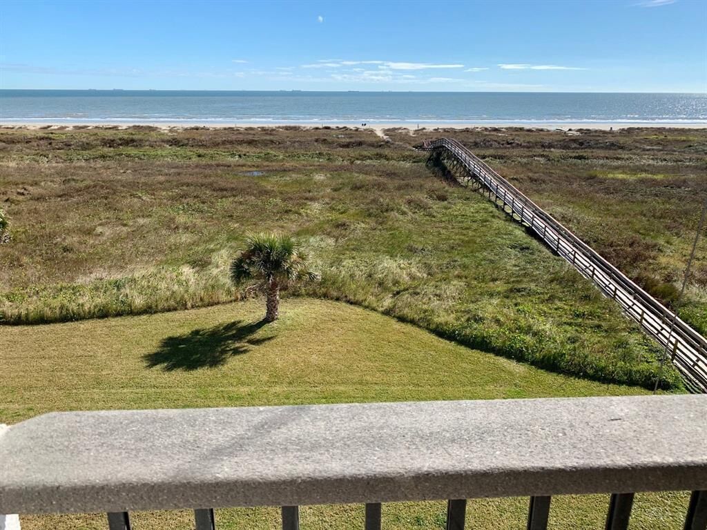 A coastal landscape with a wooden boardwalk leading to the beach, a grassy area with a small tree, and a clear view of the ocean.