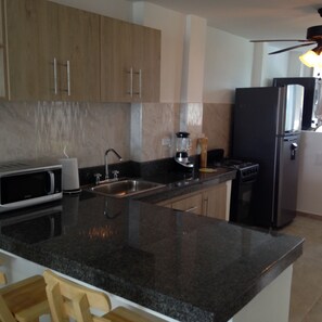 Fridge, microwave, oven, stovetop