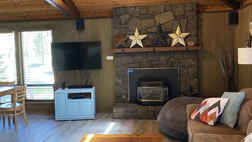 Smart TV, fireplace, video games, DVD player