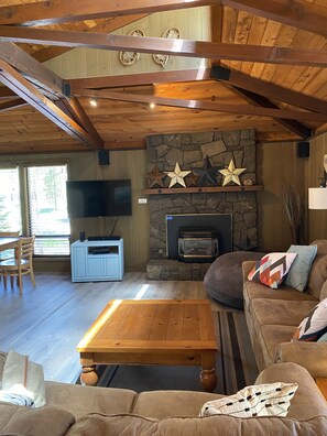 Smart TV, fireplace, video games, DVD player