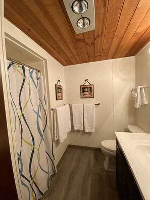 Ensemble baignoire-douche, séchoir à cheveux, serviettes fournies, savon