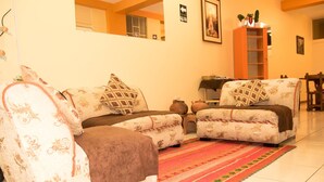 A living room with two sofas, a patterned rug, and a cabinet with decorative items. - Samary Hostel (Puno)
