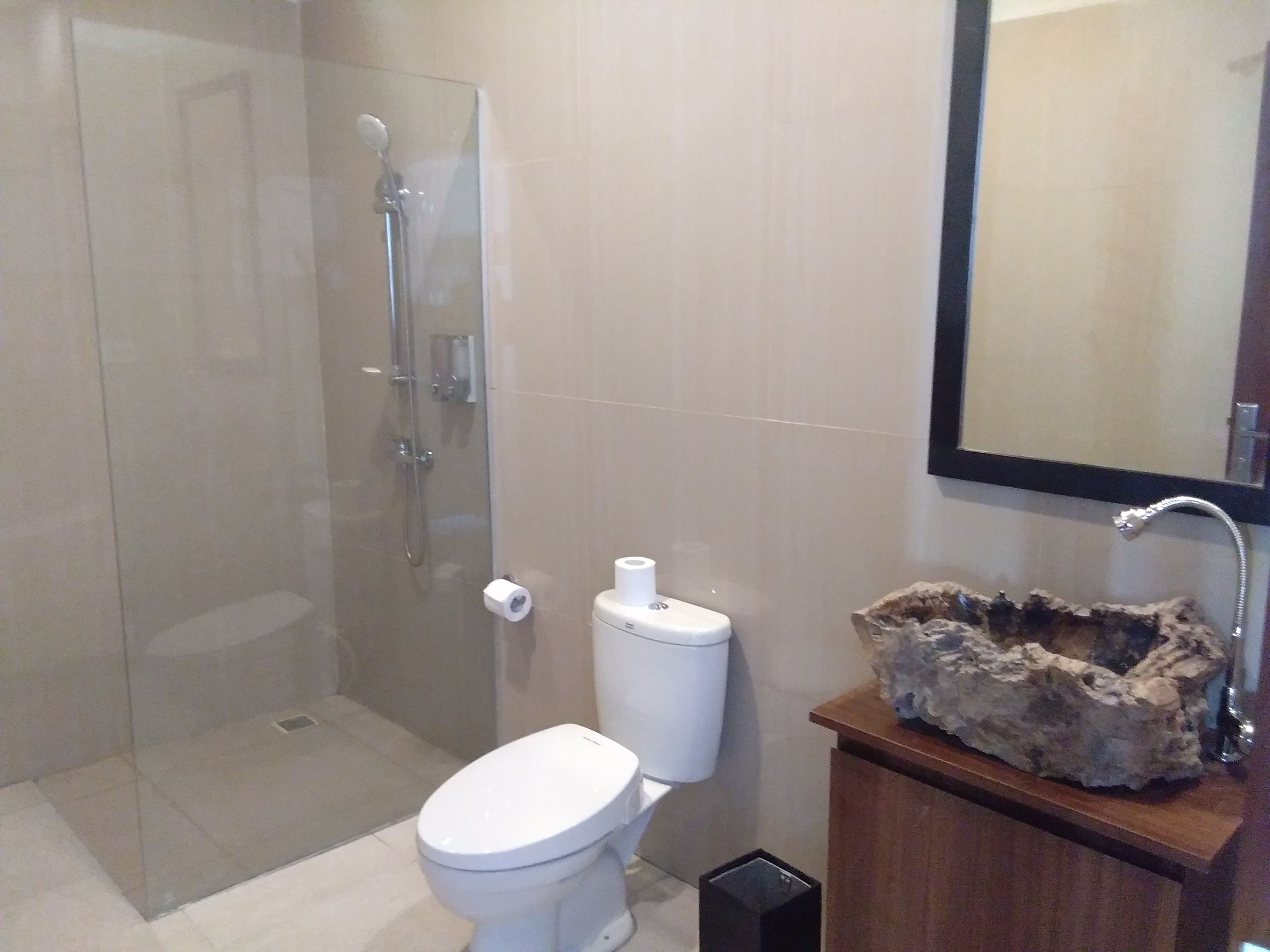 Un baño con ducha de vidrio, inodoro y lavamanos de piedra.
