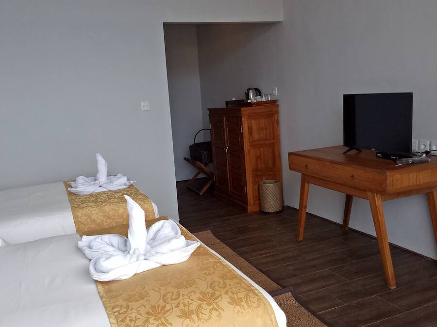 Una habitación de hotel con una cama, un escritorio con televisor y un armario de madera.
