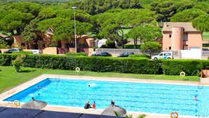 A swimming pool with a view of a green landscape and buildings in the background. - Frontline apartment with garden and pool. Parking . Capacity 4 Persons. WIFI (PALS)