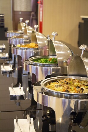 A buffet line with various food containers. - Hu house (Kaohsiung)