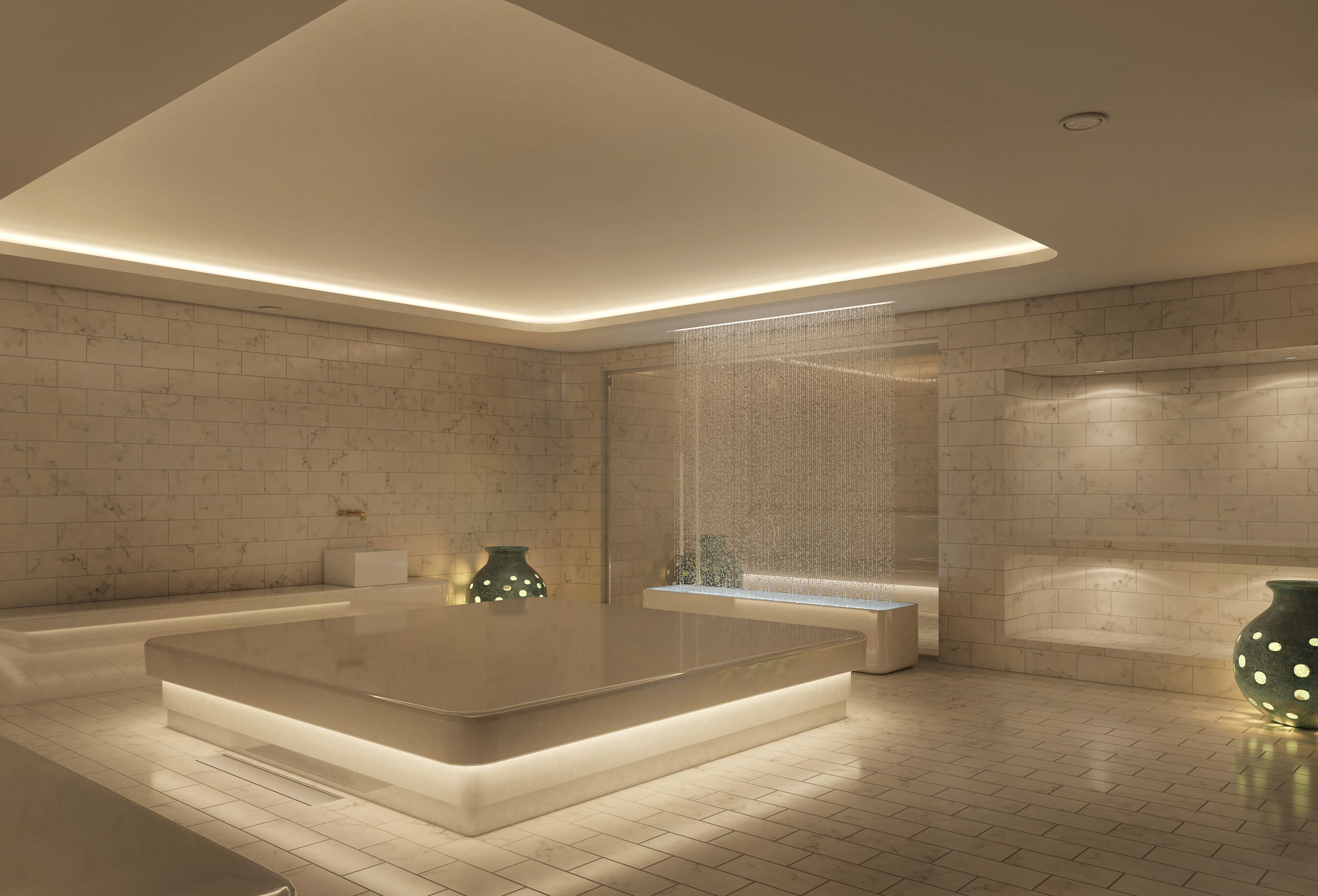 A modern bathroom with a large rectangular bathtub, a shower area with a glass partition, and a bench.