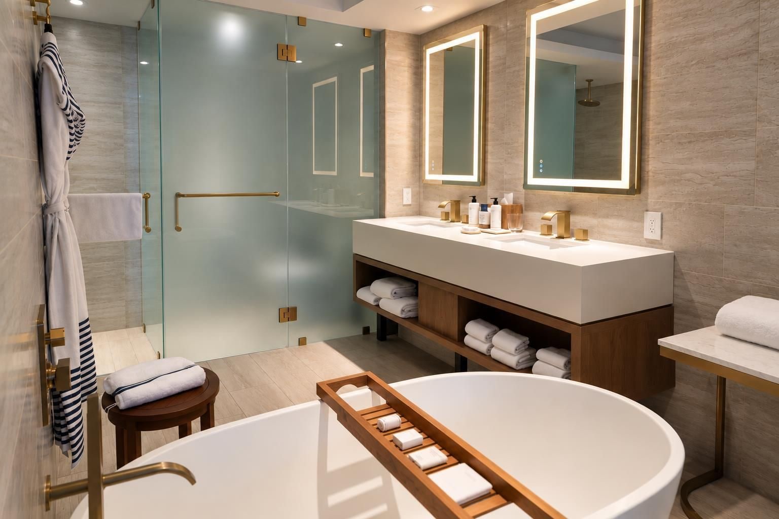 A modern bathroom with a freestanding bathtub, a glass-enclosed shower, and a vanity with dual mirrors.