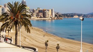 A beach with palm trees, a sandy shore, and a cityscape in the background. - NAIMA Apartment in Calpe – 1st line on Fosa Beach, for 4 people, terrace, swimming pool, Wi-Fi and air conditioning (Calpe)