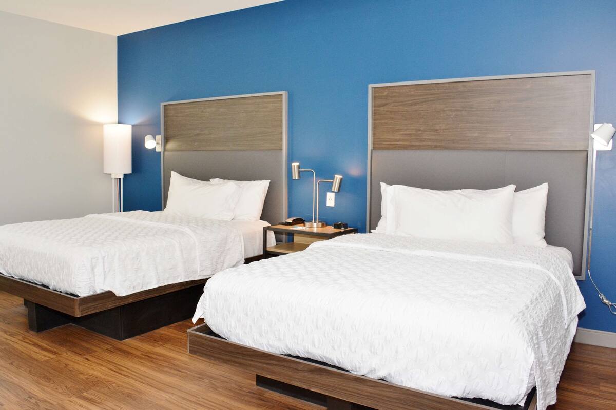 Twee eenpersoonsbedden met houten frames en witte beddengoed, een nachtkastje met een lamp, en een blauwe accentmuur.