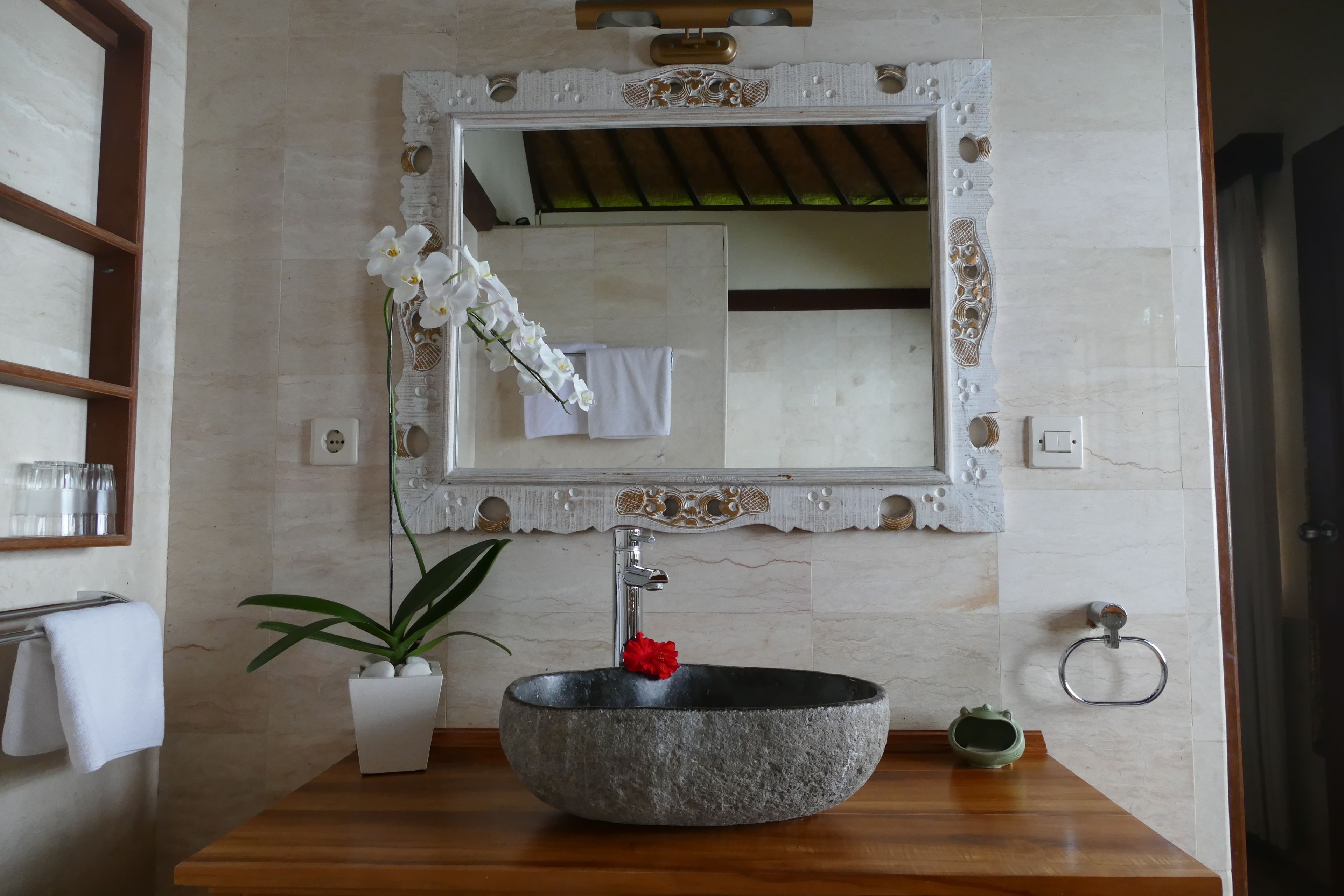 Un baño con lavamanos de piedra, un espejo con marco ornamentado, una planta en maceta y un perchero.
