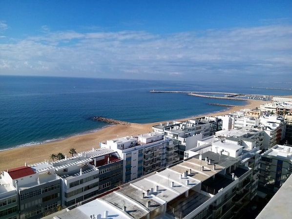 A coastal cityscape with modern buildings, a beach, and a pier extending into the sea.