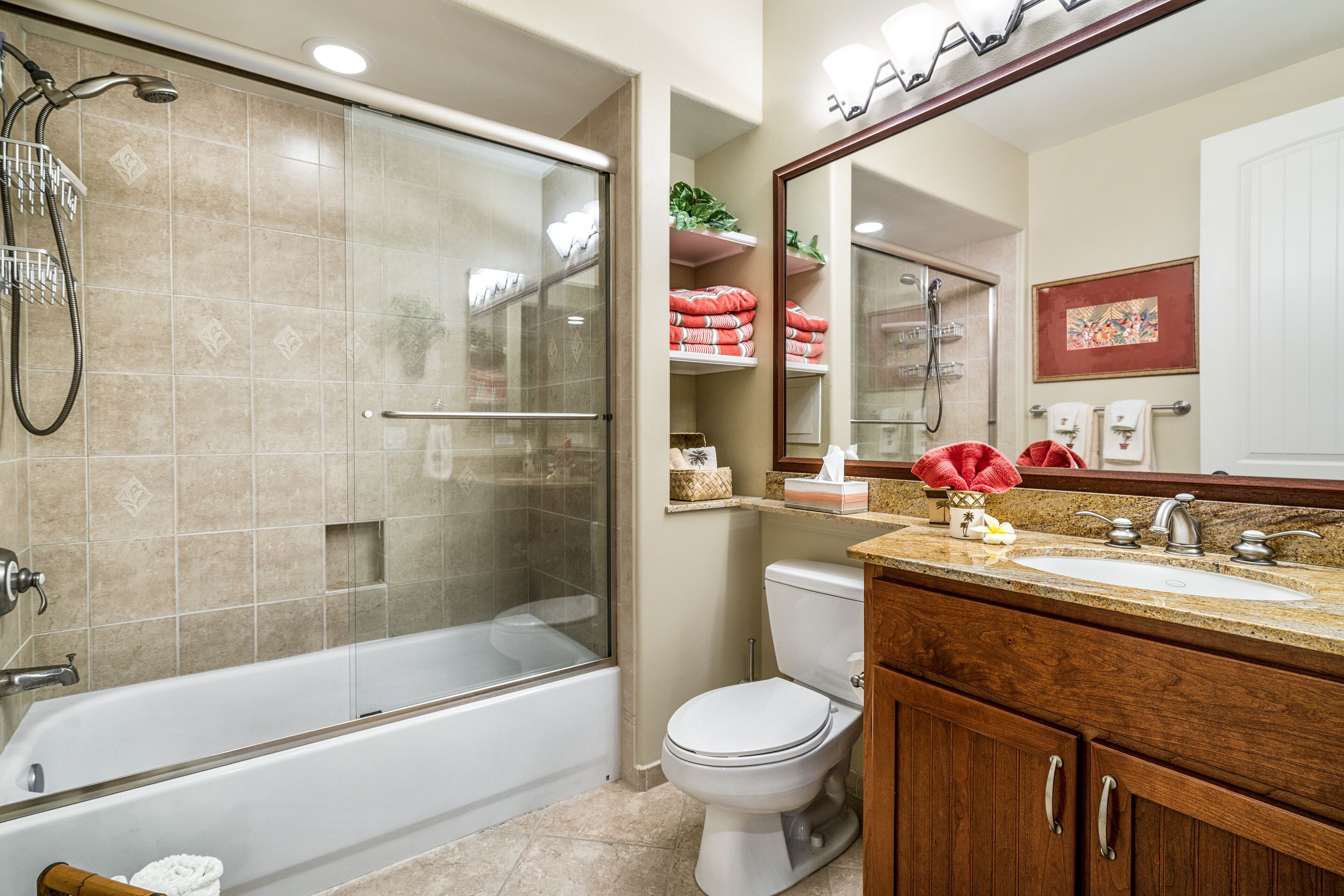 Hair dryer, towels, shampoo, toilet paper