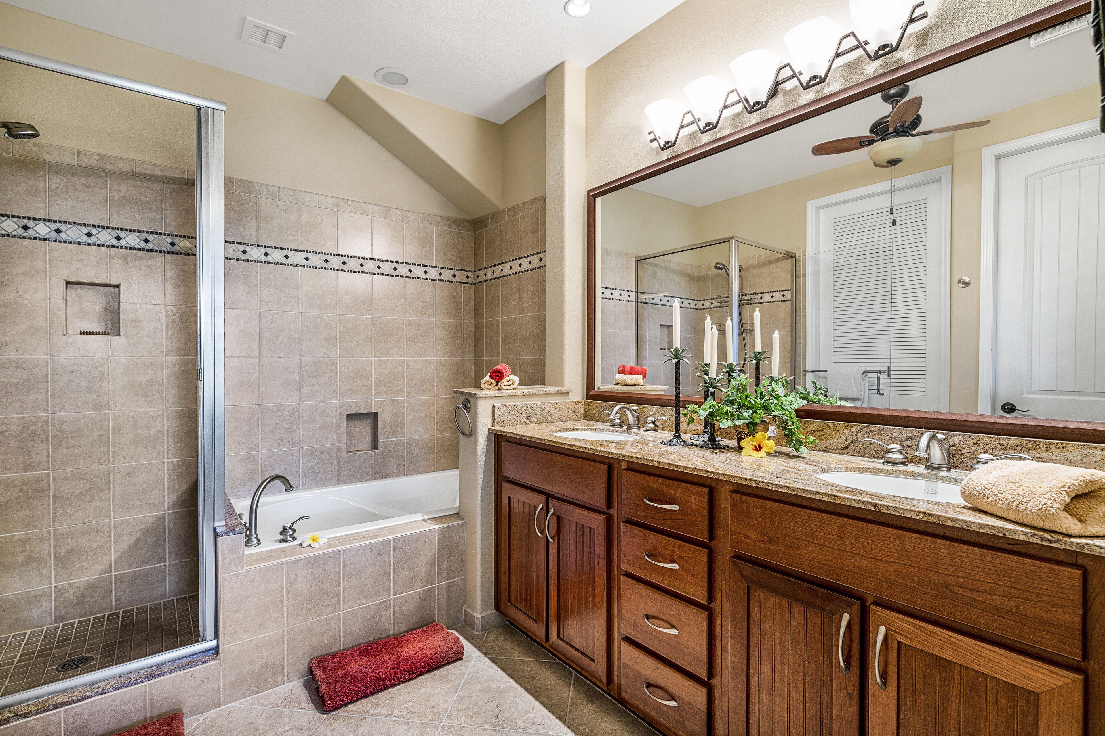 Hair dryer, towels, shampoo, toilet paper