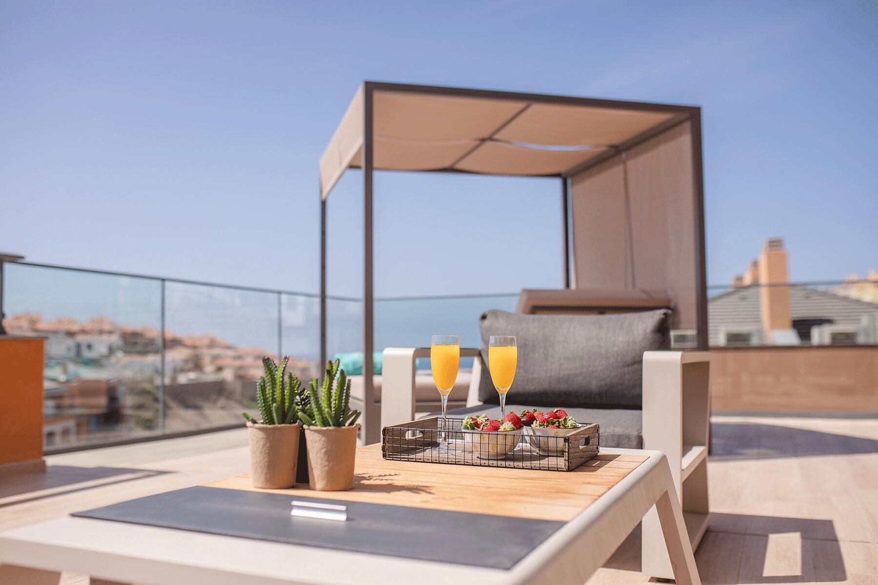 Una terraza en la azotea con una mesa, dos plantas en macetas, una bandeja con fresas y un vaso de jugo de naranja, y una zona de estar cubierta.