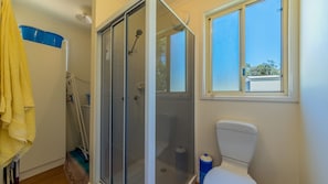 Een badkamer met een douchecabine van glas, een toilet en een raam.