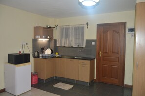 Kühlschrank, Mikrowelle, Herdplatte, Wasserkocher