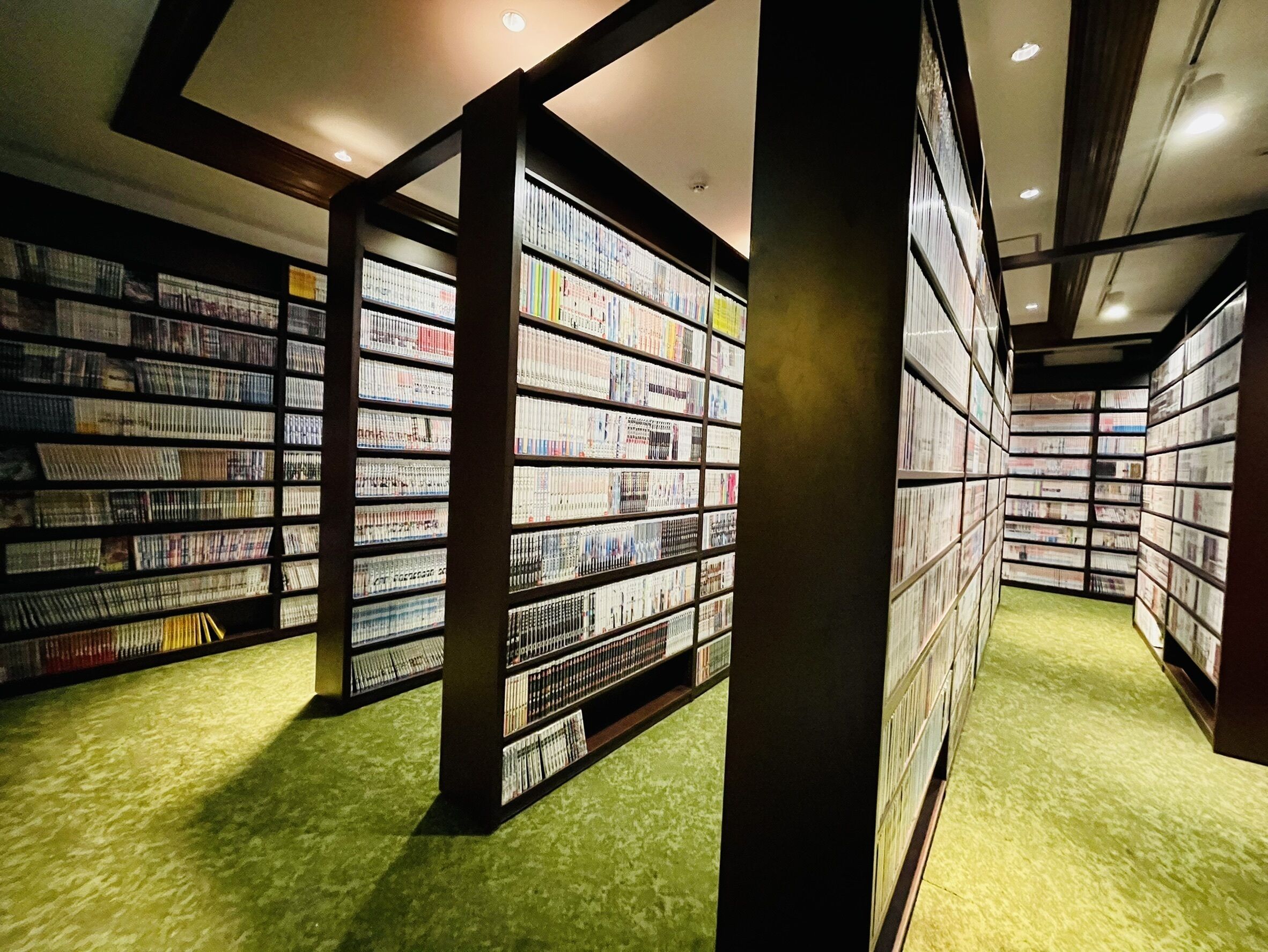 Una biblioteca con estanterías dispuestas en filas, un suelo cubierto de alfombra verde y elementos estructurales de madera.