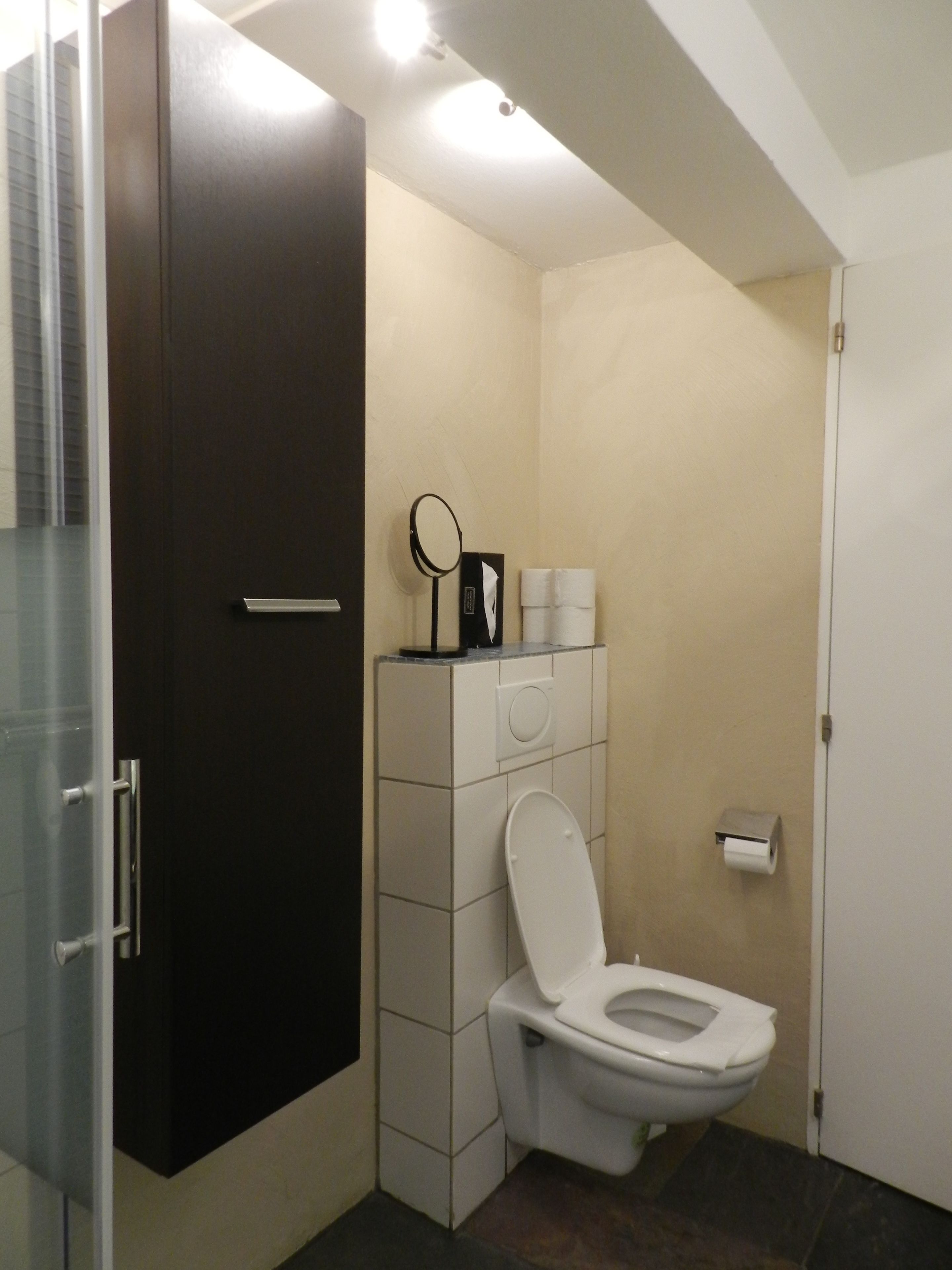 Une salle de bain moderne équipée de toilettes, d’un miroir et d’un distributeur de serviettes.