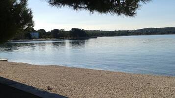 A calm lake with a pebbled shore and trees in the background.