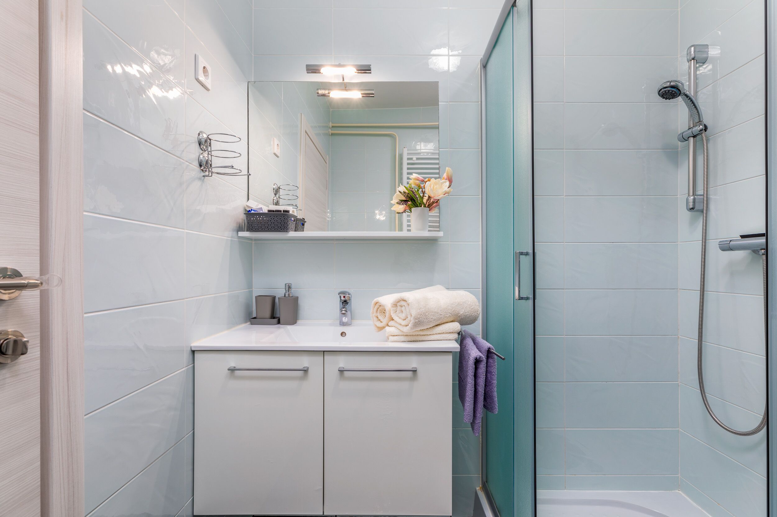A bathroom with a white vanity, a shower with a handheld showerhead, and a mirror above the vanity.