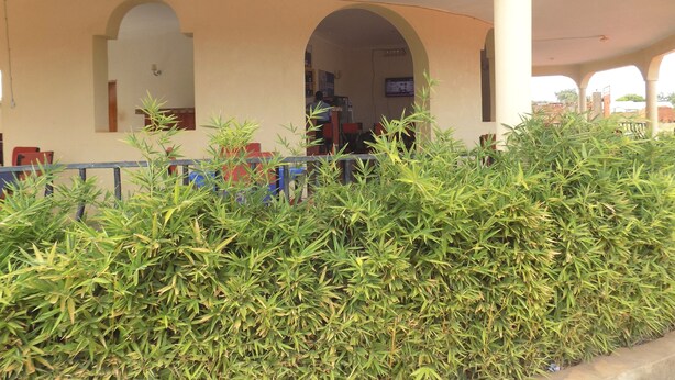 A building with a covered outdoor area, featuring a seating arrangement and a television screen. - Plain Springs Hotel (Kumi)