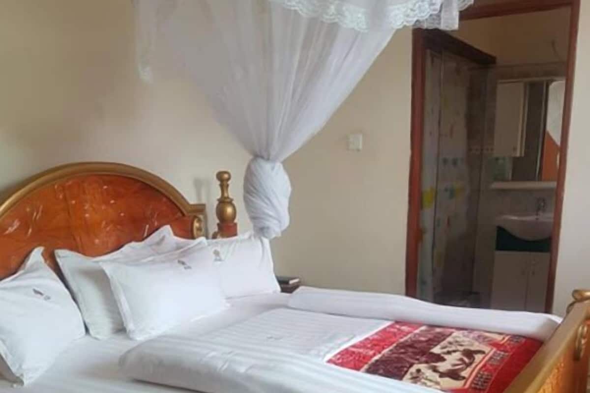 Una cama con dosel, cabecera de madera y alfombra estampada.