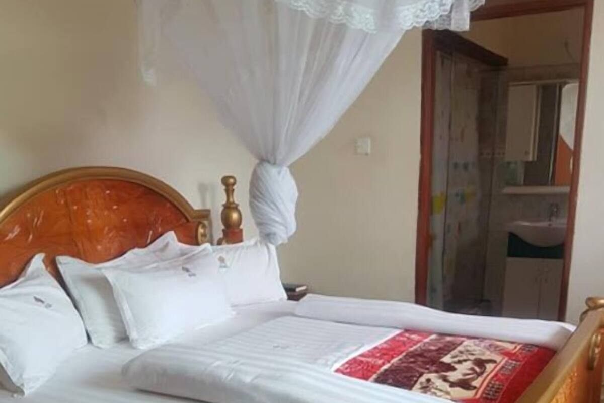 Una cama con dosel, cabecero con detalles decorativos y un tapete estampado en el suelo.