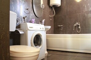 Apartment, 1 Double Bed with Sofa bed | Bathroom | Shower, hair dryer, towels