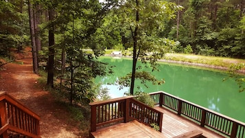 Una terraza de madera con barandillas que da a un lago verde rodeado de árboles.