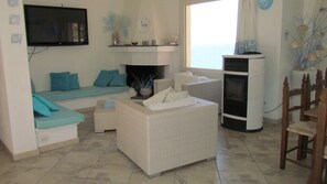 Smart TV, fireplace, books