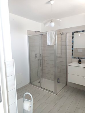 Combined shower/bathtub, hair dryer, bidet, towels