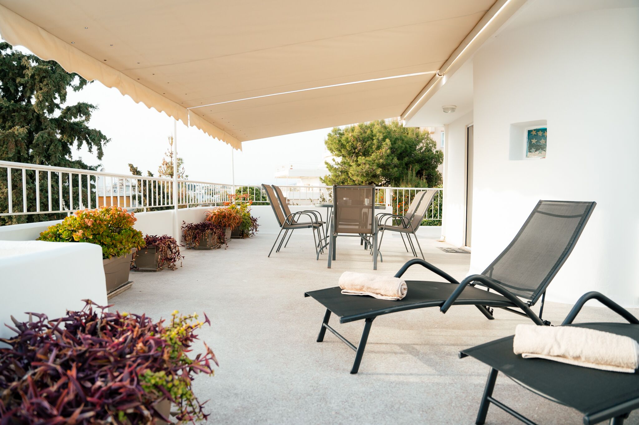 A rooftop terrace with lounge chairs, a table, and potted plants.