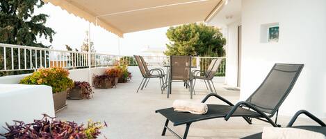 A rooftop terrace with lounge chairs, a table, and potted plants.