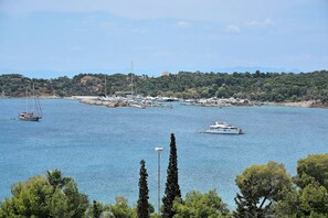 Un port de plaisance situé sur la côte, avec des bateaux amarrés, entouré de verdure et sous un ciel dégagé.