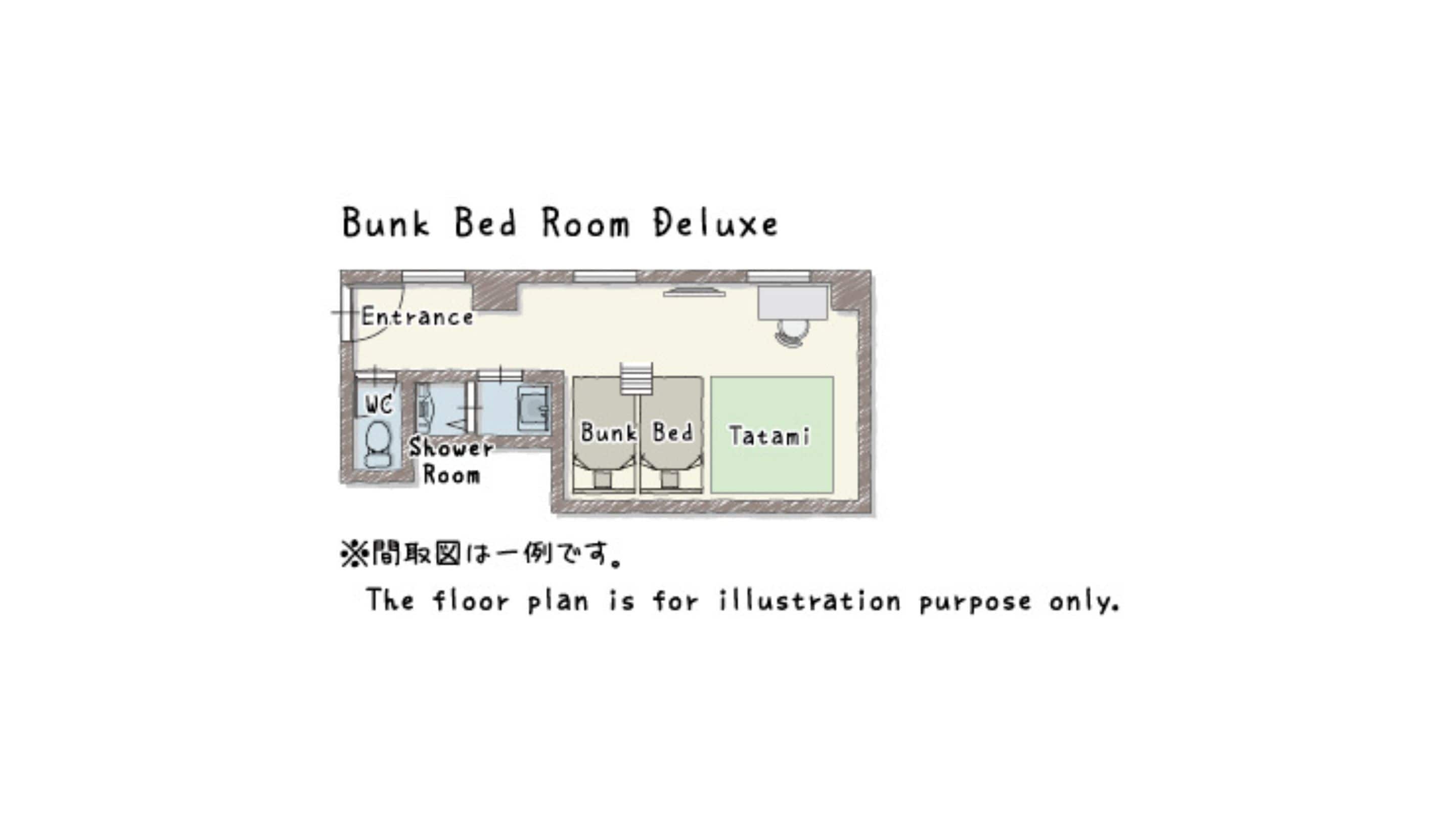 A floor plan of a bunk bed room with an entrance, a bathroom, and a tatami room.