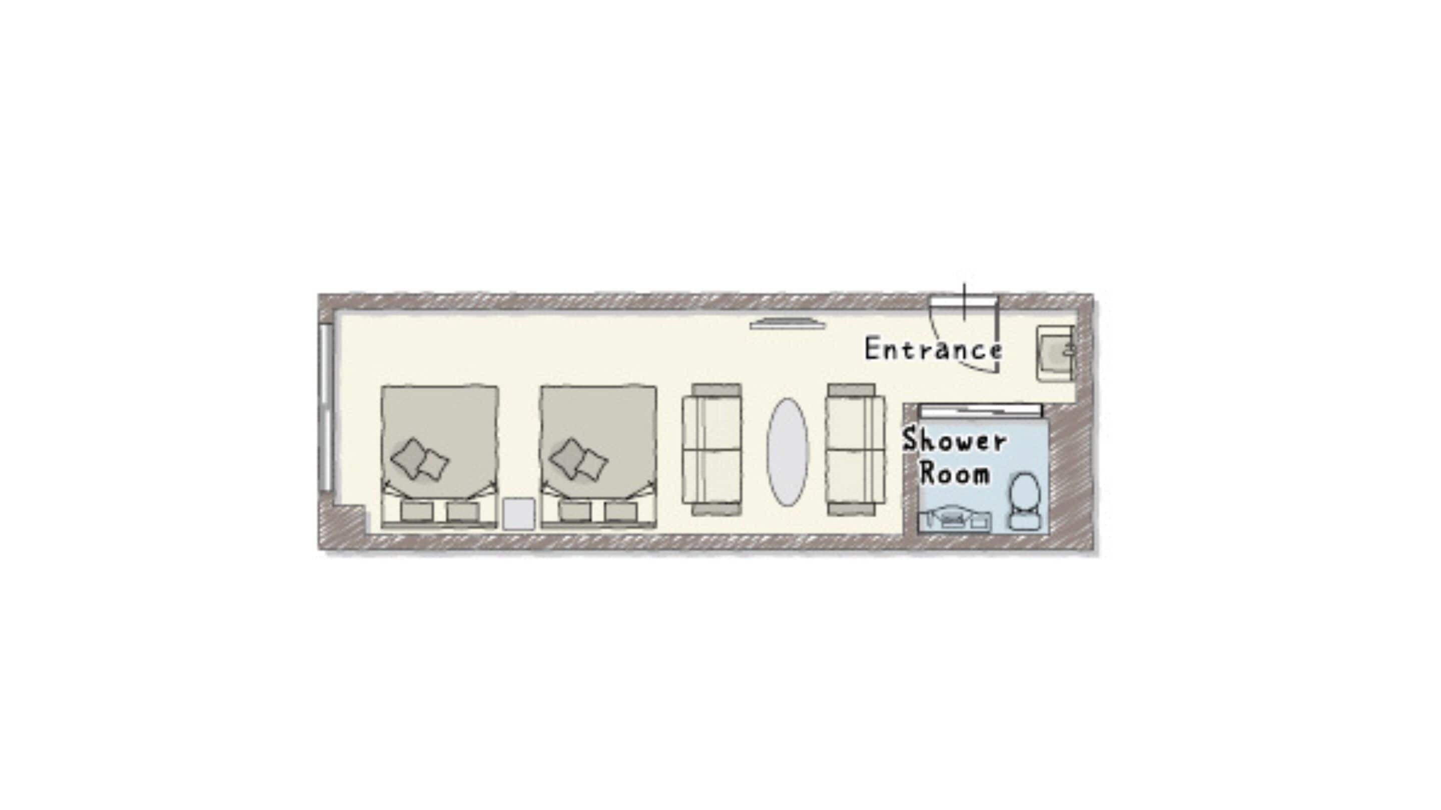 A floor plan of a hotel room with two beds, a shower room, and an entrance.
