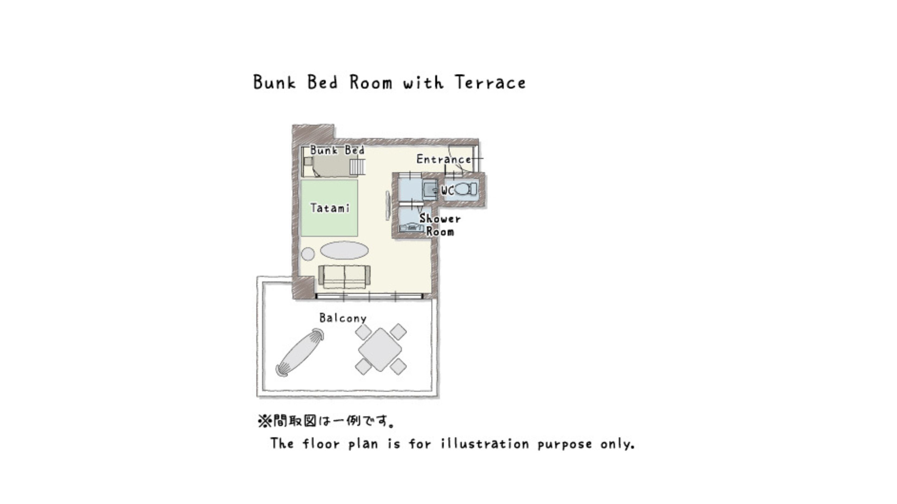 A floor plan of a bunk bed room with a terrace.
