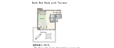 A floor plan of a bunk bed room with a terrace.