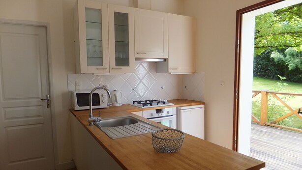 Cocina compacta con encimera de madera, un lavamanos, microondas, cocina a gas y armarios con puertas de vidrio.
