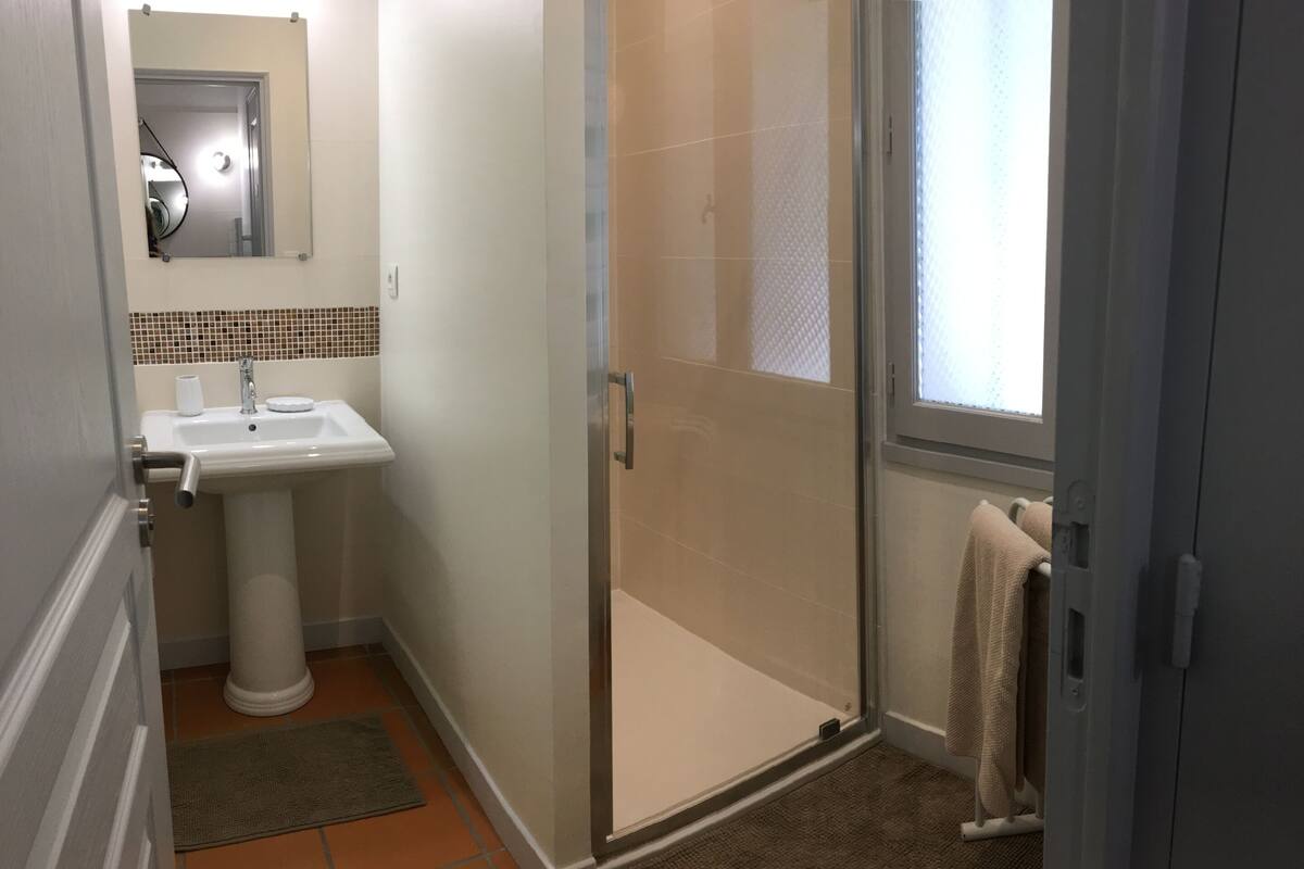 Un baño con lavamanos, espejo y ducha.