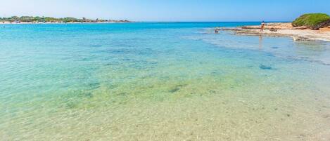 On the beach, sun-loungers