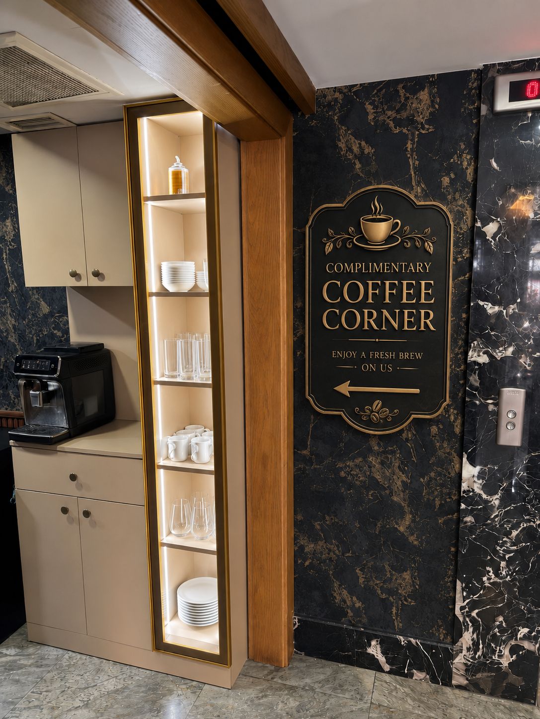 A coffee station with a sign indicating a complimentary coffee corner.