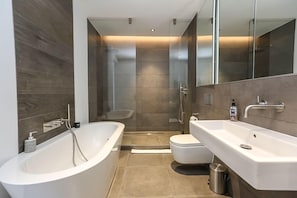 Une salle de bain moderne avec une baignoire sur pieds, un espace douche et un meuble-lavabo avec un évier.