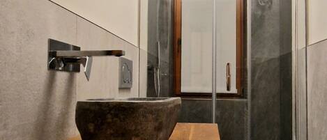 Combined shower/tub, hair dryer, bidet, towels