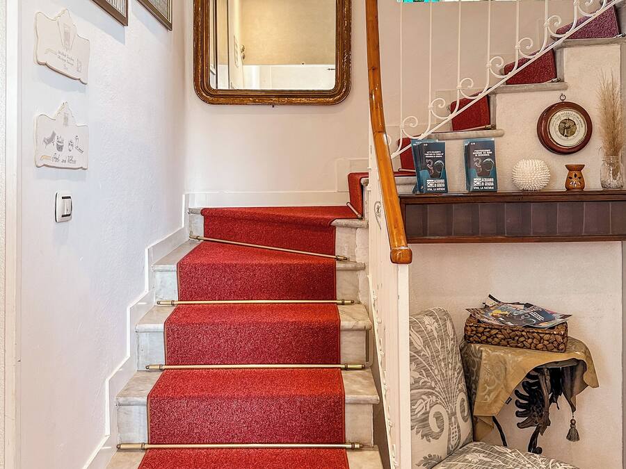 A staircase with red carpeted steps, a wooden handrail, and a mirror above.