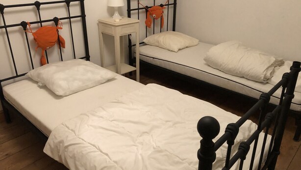 Una habitación con dos camas individuales, cada una con ropa de cama blanca y estructura de metal negro. Hay una mesita de noche pequeña con una lámpara blanca entre las camas.