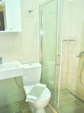 Hair dryer, towels, soap, toilet paper